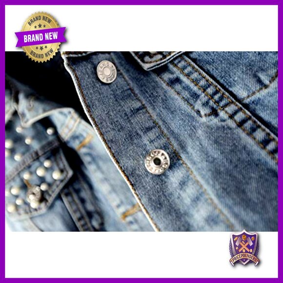 Oversized Denim Jacket Embroidered Pearl Beading Distressed Boyfriend Fit - Picture 6 of 7